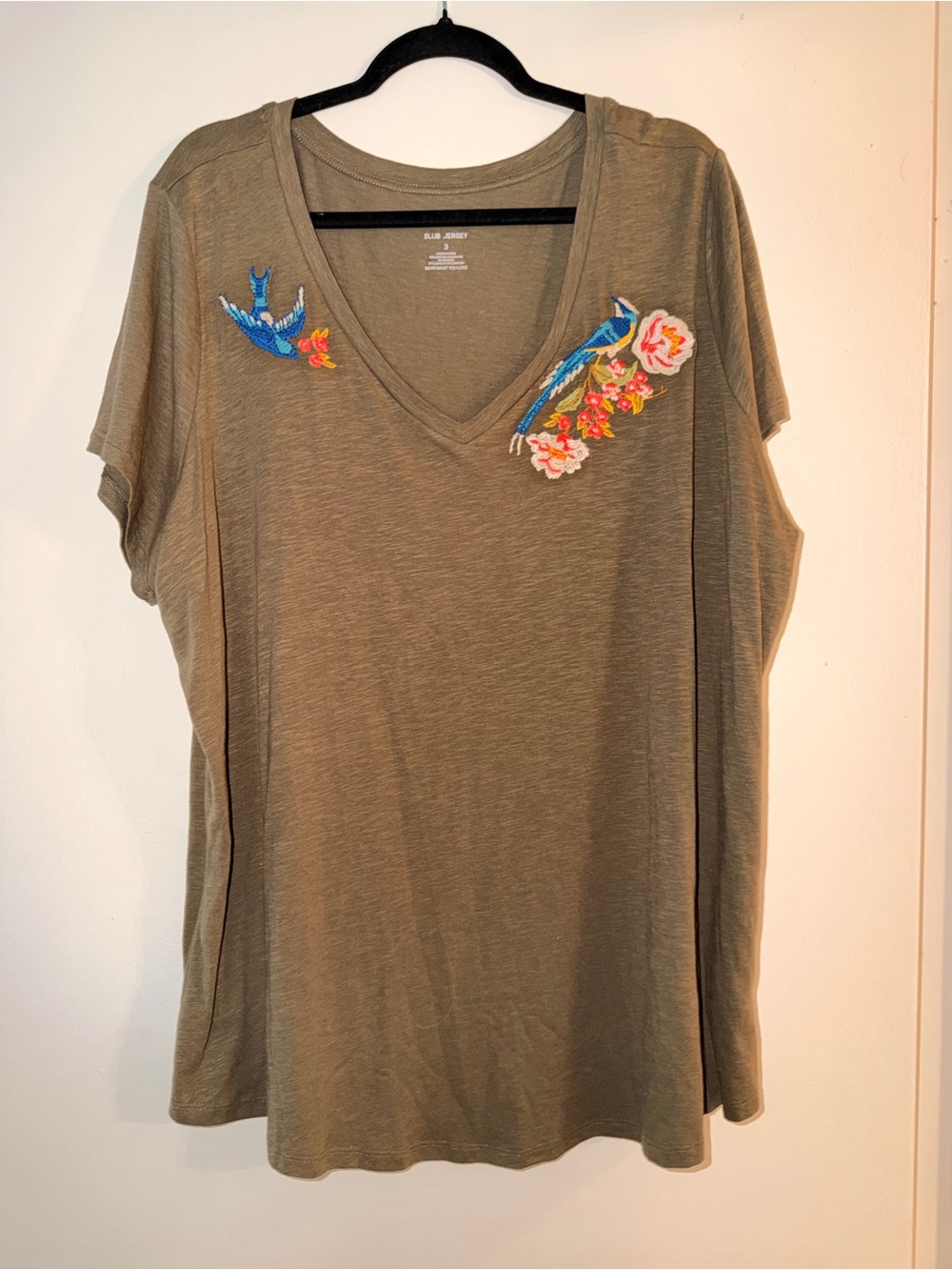 torrid Olive V-Neck Tee with Colorful Bird Embroidery